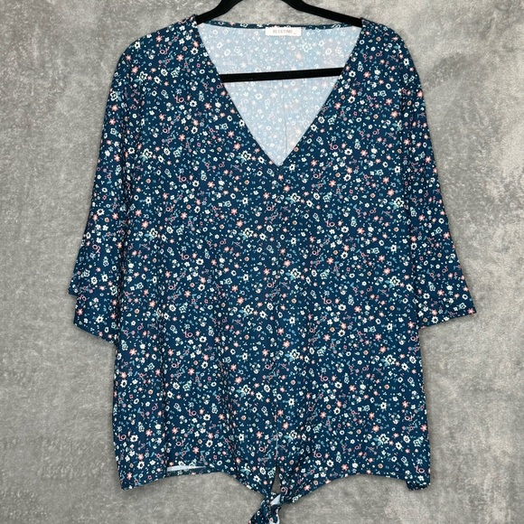 Bluetime XL Shirt Top Navy Blue Floral Flower Half Sleeve V Neck Stretch Tie - Picture 1 of 8